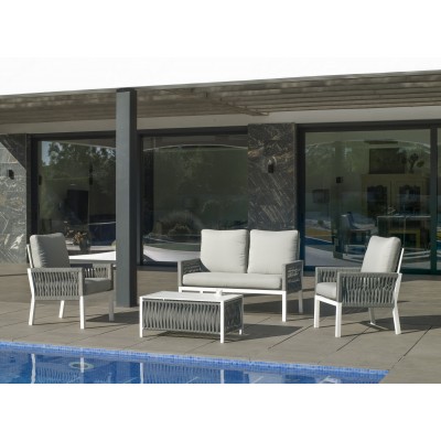 Salon de jardin Sofa Aluminium et Corde HAVANA-7 Finition BLANC/CORDAGE GRIS 4 à 5 places