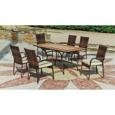 Set Salon De Jardin A Manger ROLAN - BERGA  en ACIER ET MOSAIQUE STRUCTURE ACIER PLATEAU MOSAIQUE Coussins couleur  ECRU ALBA