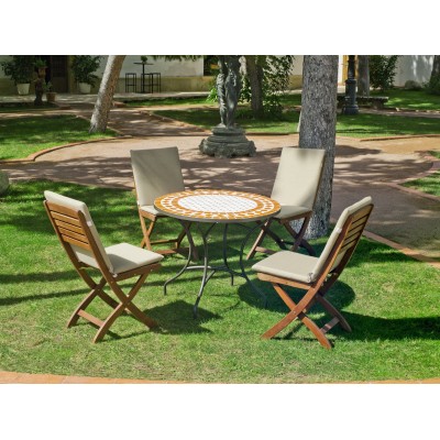 Set Salon De Jardin A Manger BERNA - MELRO  en ACIER ET MOSAIQUE STRUCTURE ACIER PLATEAU MOSAIQUE Coussins couleur  ECRU ALBA