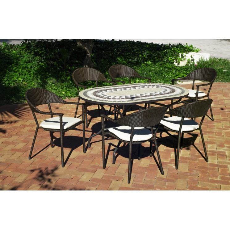 Set Salon De Jardin A Manger OASIS - BAIRO  en ACIER ET MOSAIQUE STRUCTURE ACIER PLATEAU MOSAIQUE Coussins couleur  ECRU ALBA