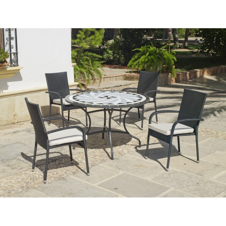 Set Salon De Jardin A Manger LARA - AMPUR  en ACIER ET MOSAIQUE STRUCTURE ACIER PLATEAU MOSAIQUE Coussins couleur  ECRU ALBA