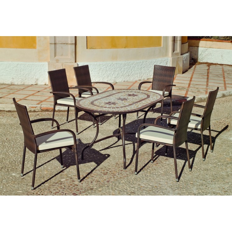 Set Salon De Jardin A Manger LUANA - BERGA  en ACIER ET MOSAIQUE STRUCTURE ACIER PLATEAU MOSAIQUE Coussins couleur  ECRU ALBA