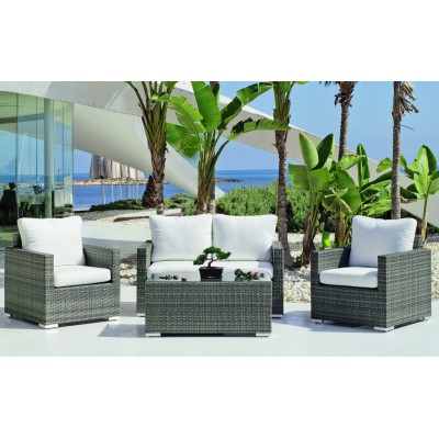 Salon de jardin Sofa DOHA-7 Finition RESINE TRESSEE GRISE Tissus BLANC ANAIS DRALON de 4 places