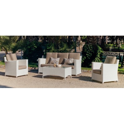 Salon de jardin Sofa YANSI-8 Finition RESINE TRESSEE BLANCHE Tissus BEIGE MICHEL DRALON de 5 places