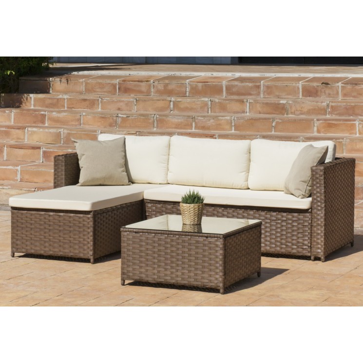 Salon De Jardin Sofa SICIL  en ACIER Résine tressée marron Coussins couleur  BLANC ANAIS