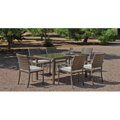 Salon De Jardin Table A Manger ABASA 180 en ACIER Résine tressée beige Coussins couleur  ANAIS BLANC