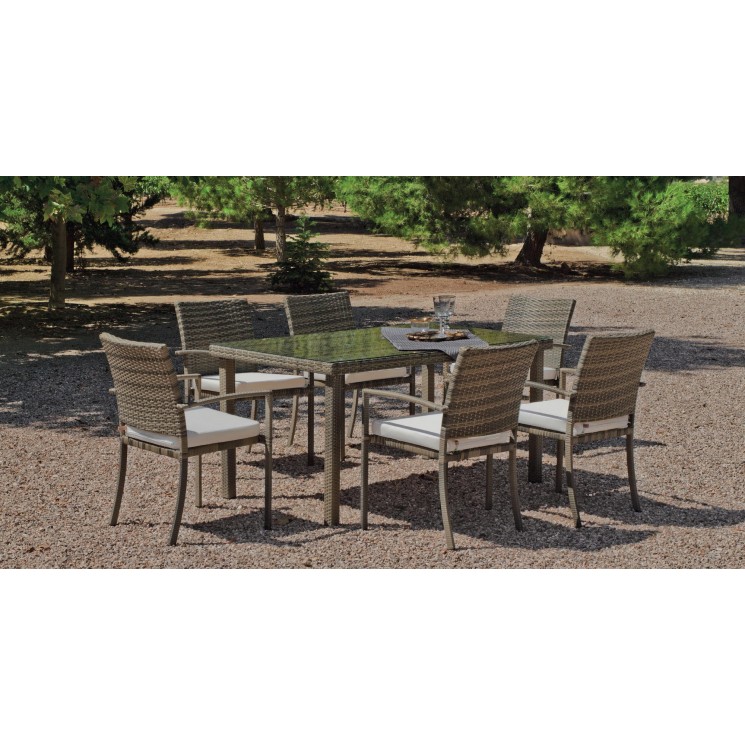 Salon De Jardin Table A Manger ABASA 150 en ACIER Résine tressée beige Coussins couleur  ANAIS BLANC