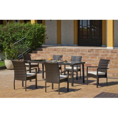 Salon De Jardin Table A Manger BAHIA 150 en ACIER Résine tressée marron Coussins couleur  ANAIS BLANC