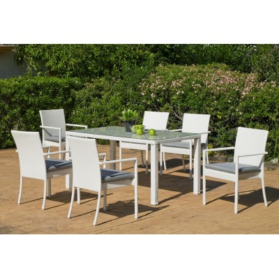 Salon De Jardin Table A Manger ASTOR 150 en ALUMINIUM Résine tressée blanche Coussins couleur  GRIS MARILAND