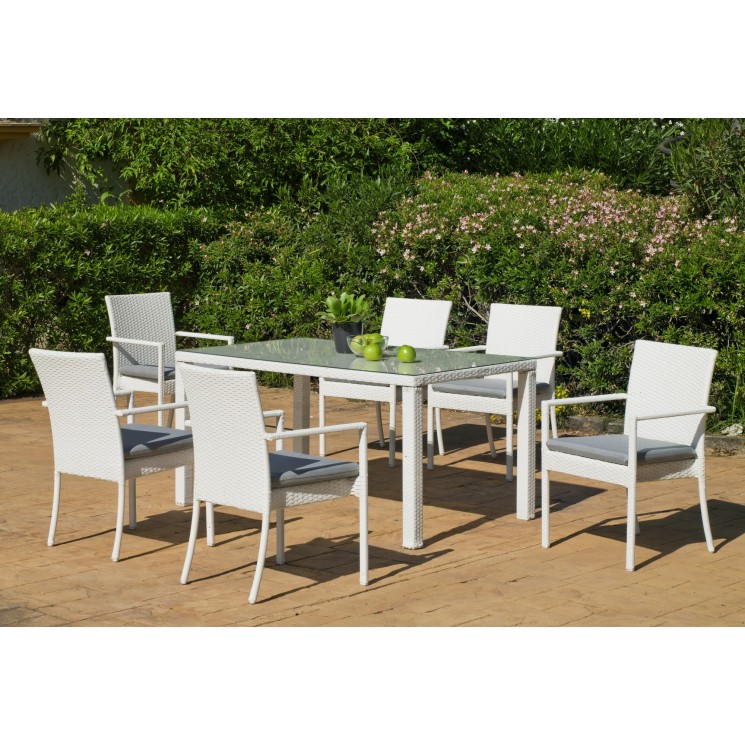 Salon De Jardin Table A Manger ASTOR 150 en ALUMINIUM Résine tressée blanche Coussins couleur  GRIS MARILAND