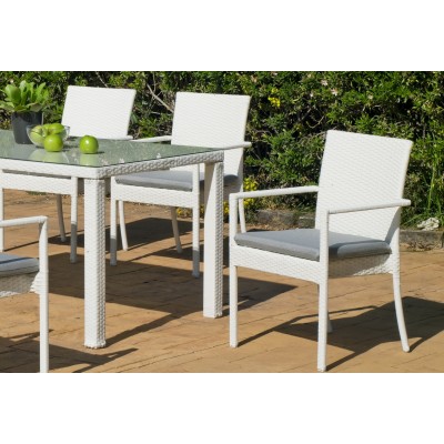 Salon De Jardin Table A Manger ASTOR 150 en ALUMINIUM Résine tressée blanche Coussins couleur  GRIS MARILAND