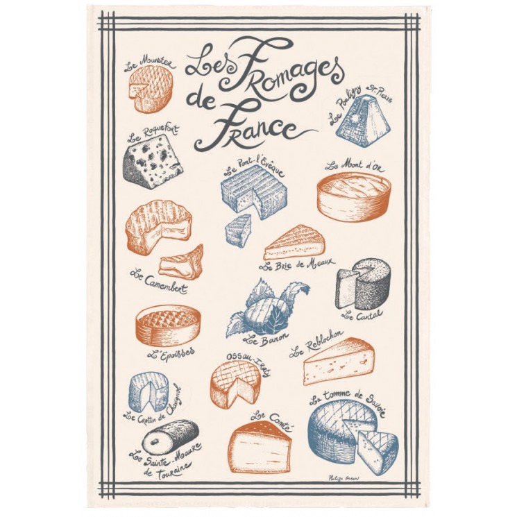 Torchon Imprimé Fromages de France Écru 48 x 72