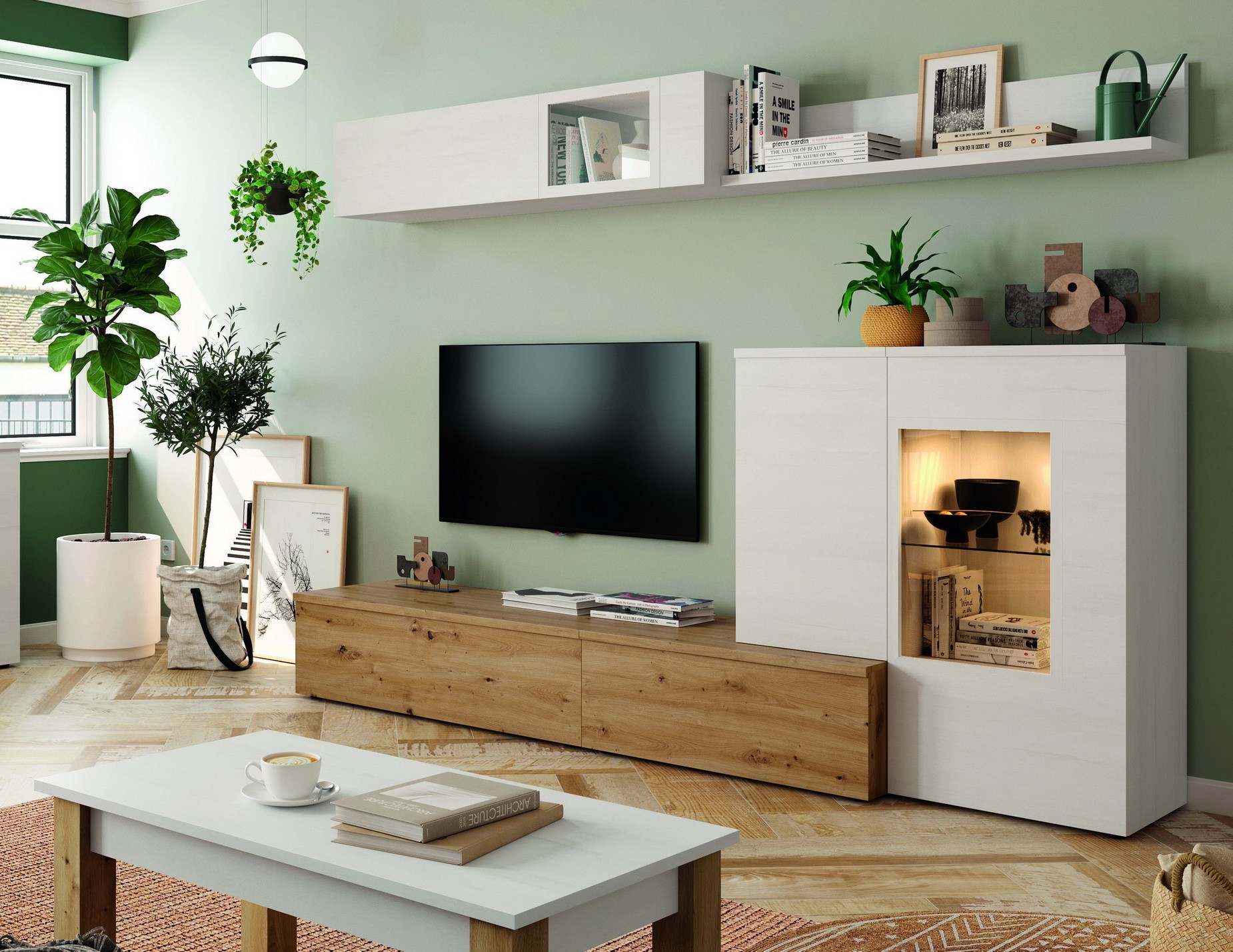 Meubles de salon en bois : 1 meuble TV, 1 caisson bas, 1 vitrine et 1 étagère  murale - Ramis