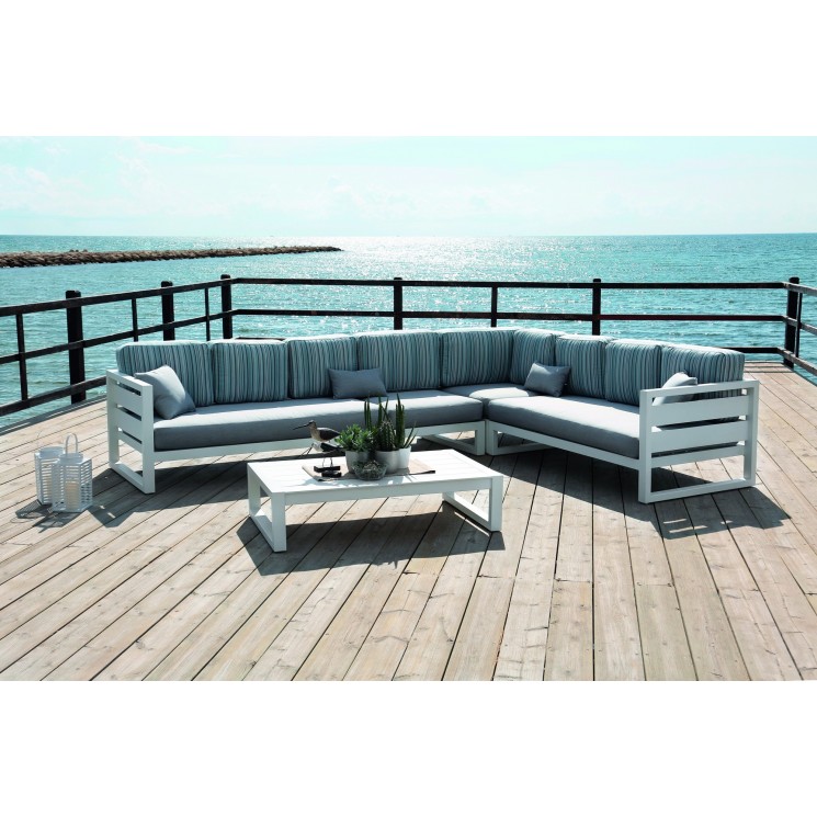 Salon de jardin Sofa COSMOS-28-SD Finition BLANC Tissus ASSISE LARA / DOSSIER RAYE ALINA SUPERDRALON de 4 à 7 places