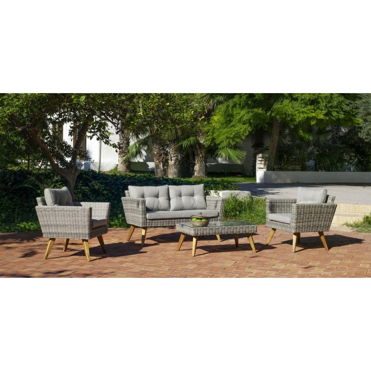 Salon de jardin Sofa MERIDIEN-7 Finition RESINE TRESSEE GRISE Tissus GRIS CLAIR MARILAND DRALON de 4 places