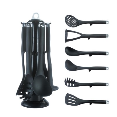 Royalty Line Ensemble d'outils de cuisine noir de 7 pièces avec base de rangement