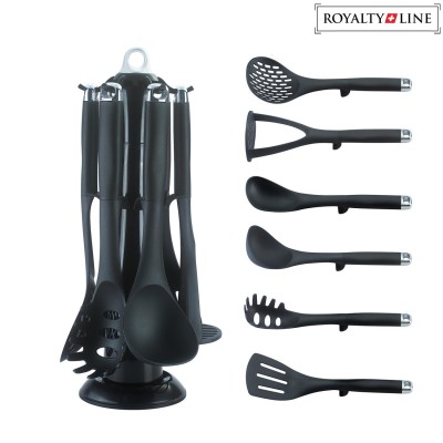 Royalty Line Ensemble d'outils de cuisine noir de 7 pièces avec base de rangement