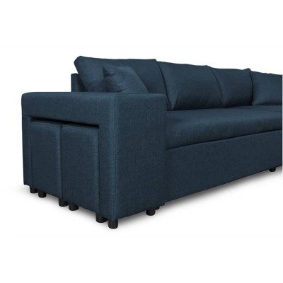 L200PLUS - Canapé d'angle réversible convertible avec coffre et 2 poufs en tissu - Bleu pétrole