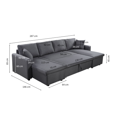 L200U - Canapé panoramique convertible avec 2 coffres en tissu - Gris clair