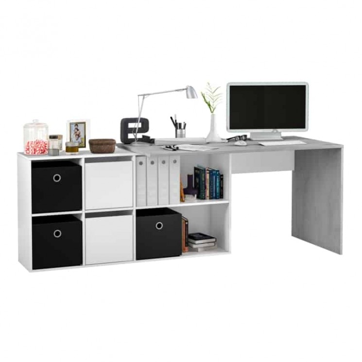 Bureau avec caissons multipositions L136 ou L203 cm - Blanc/béton