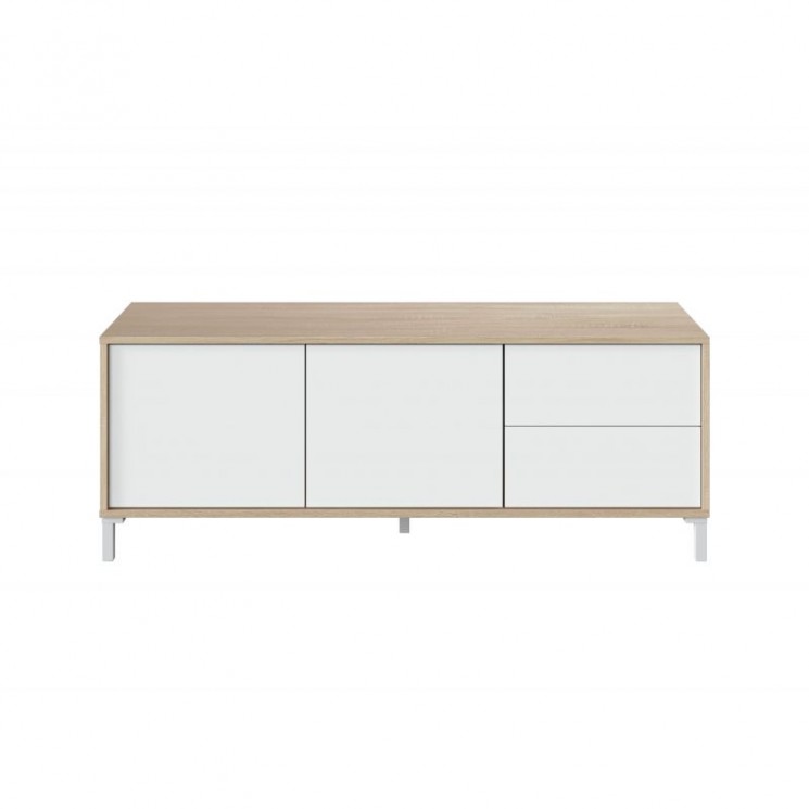 Meuble TV 2 portes et 2 tiroirs L130 cm - Blanc/chêne