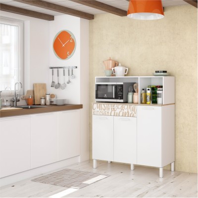 Buffet de cuisine 3 portes et 1 tiroir L108 x H126 cm - Blanc/chêne motif