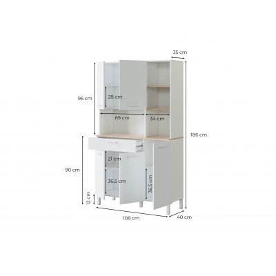 Buffet de cuisine 5 portes et 1 tiroir L108 x H186 cm - Blanc/chêne motif