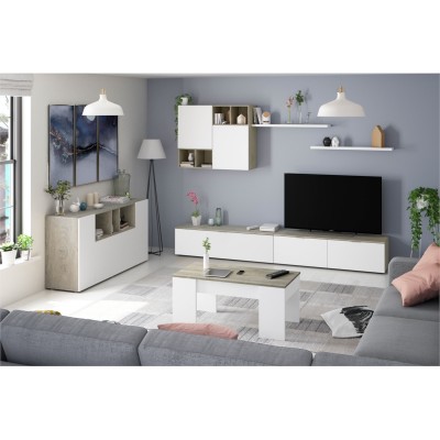 FOTV - Ensemble TV mural 2 meubles bas, 2 étagères et un meuble haut - Blanc/chêne