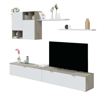 FOTV - Ensemble TV mural 2 meubles bas, 2 étagères et un meuble haut - Blanc/chêne