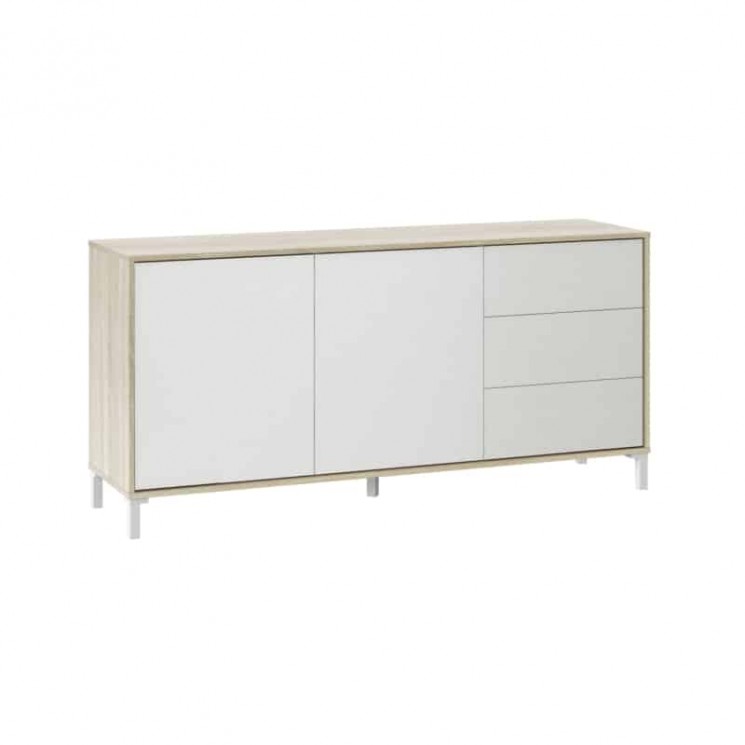 Buffet 2 portes et 3 tiroirs L154cm - Blanc/chêne