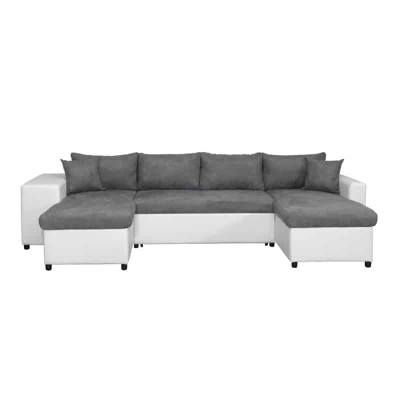 L200U PLUS - Canapé panoramique convertible avec 2 coffres et 2 poufs en simili et microfibre - Gris/blanc