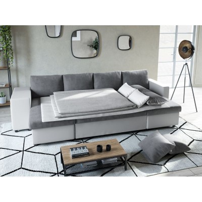 L200U PLUS - Canapé panoramique convertible avec 2 coffres et 2 poufs en simili et microfibre - Gris/blanc