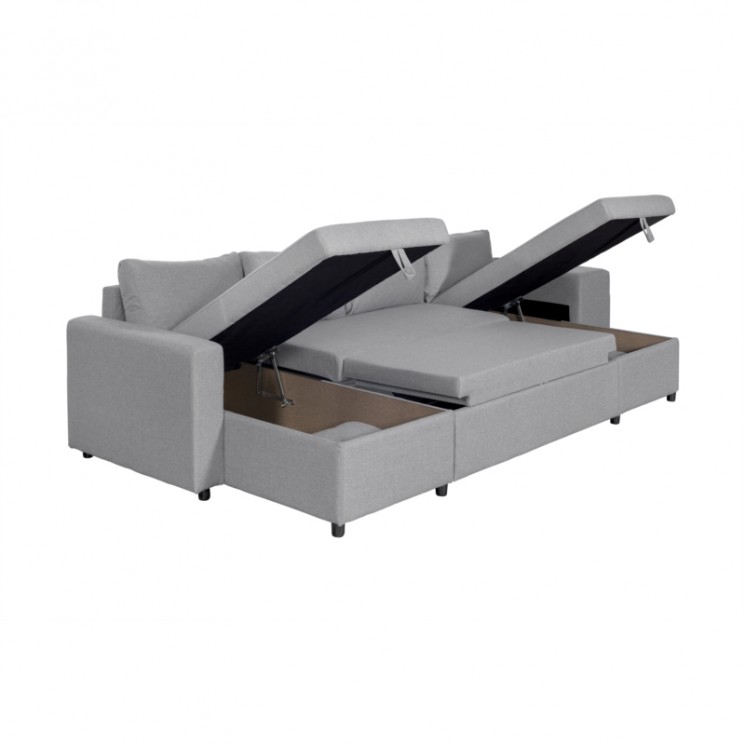 L200U PLUS - Canapé panoramique convertible avec 2 coffres et 2 poufs en tissu - Gris clair