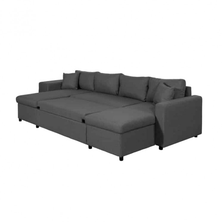 L200U PLUS - Canapé panoramique convertible avec 2 coffres et 2 poufs en tissu - Gris foncé