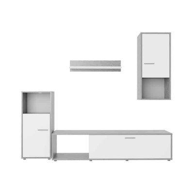 ARON - Meuble TV  2 portes avec étagère et colonnes murales - Blanc/béton