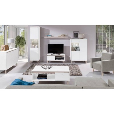OWIE - Meuble TV scandinave 1 porte 100 cm - Blanc/bois