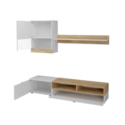 ROMY - Meuble TV 2 portes avec étagère et colonne murale - Blanc/bois
