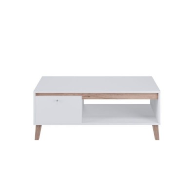 OWIE - Table basse scandinave 1 porte 120 cm - Blanc/bois