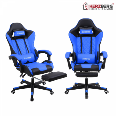 Herzberg Chaise de jeu et de bureau avec repose-pieds escamotable Bleu