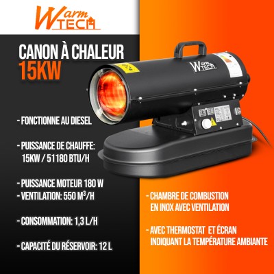 Canon à chaleur diesel 15 KW avec thermostat - Warmtech