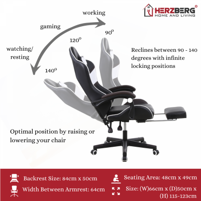 Herzberg HG-8083 : Chaise De Jeu Et De Bureau Tricolore Avec Accent Linéaire Blanc