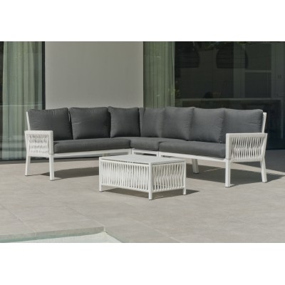 Salon de jardin Sofa Corner Aluminium et CordeBLANC CORDE BLANCHE Tissus SARA GRIS FONCE