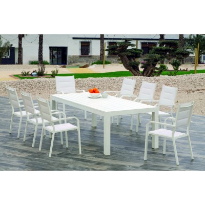 Set Table à Manger EXTENSIBLE + 8 fauteuils CAMELIA-220/BLANC Tissus BLANC TEXTILENE