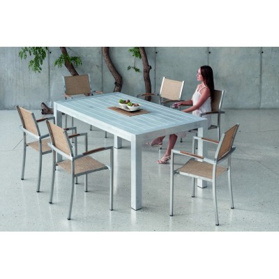 Set Table à Manger + 6 fauteuils CAMELIA-180/ ALUMINIUM NATUREL Tissus PAILLE TEXTILENE