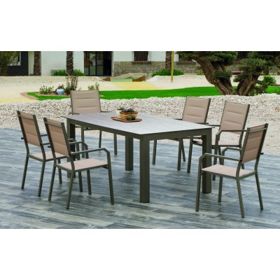 Set Table à Manger + 6 fauteuils CAMELIA-180 HPL/6 Tissus CHAMPAGNE/BEIGE TEXTILENE