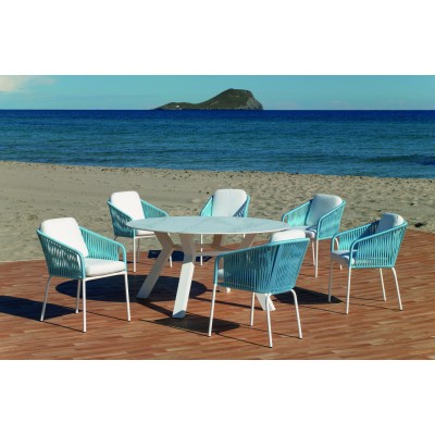 Set Table à Manger Haut de Gamme + 6 fauteuils VENETO-Ø150-PIEDRA/TULIP-3/6/Tissus BLANC