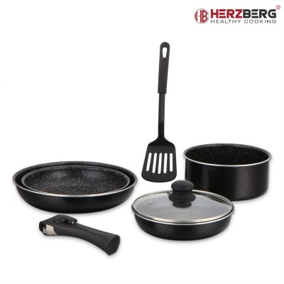 Herzberg HG-8090-7BK : Batterie de cuisine 7 pièces à revêtement en marbre