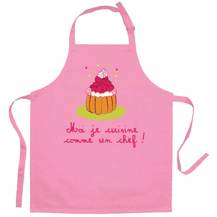 Tablier de cuisine enfant Je cuisine comme un chef recyclé Rose 52 x 63