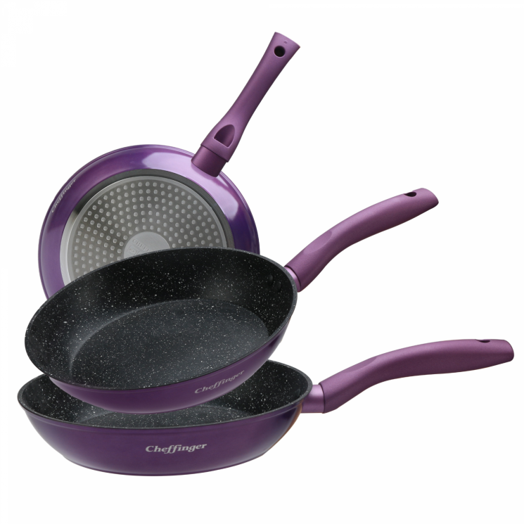 Cheffinger CF-FA03: Ensemble de poêles à frire 3 pièces à revêtement marbré Mauve