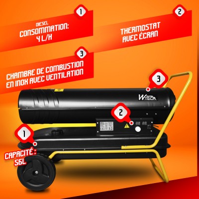 Canon à chaleur 50 KW diesel avec thermostat et roues - Warmtech